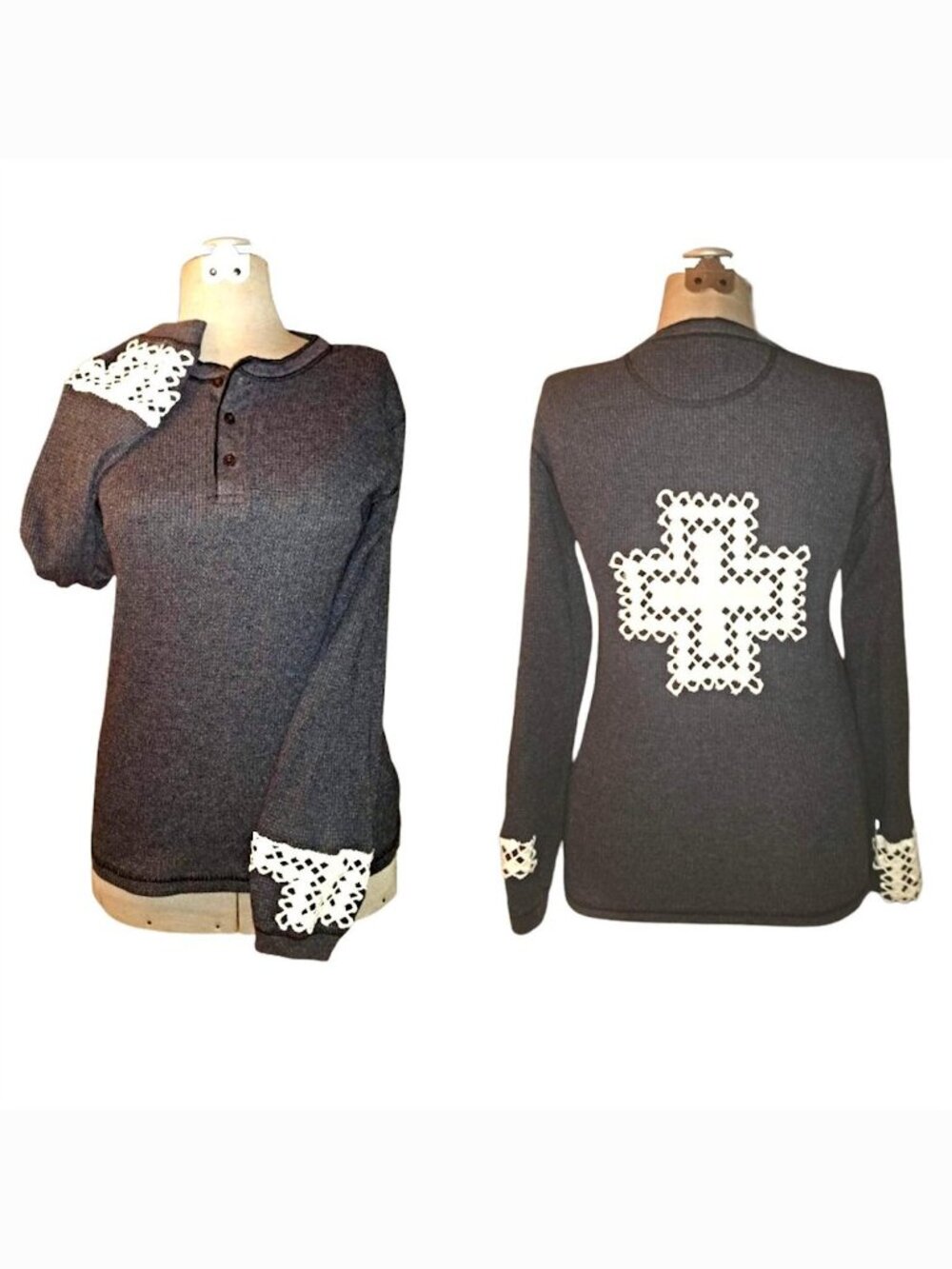 Altered Thermal Knit Top Shirt Vintage Crochet Cross Waffle Weave Henley Upcycle